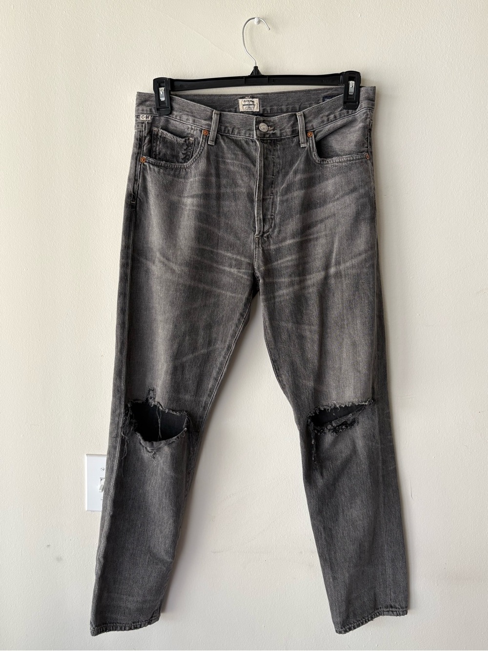 Citizens Of Humanity Washed Black Straight Jeans with Knee Rips